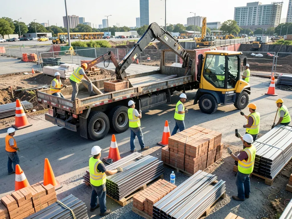 Flatbed truck and telehandler operating inside a clearly organized commercial jobsite delivery zone