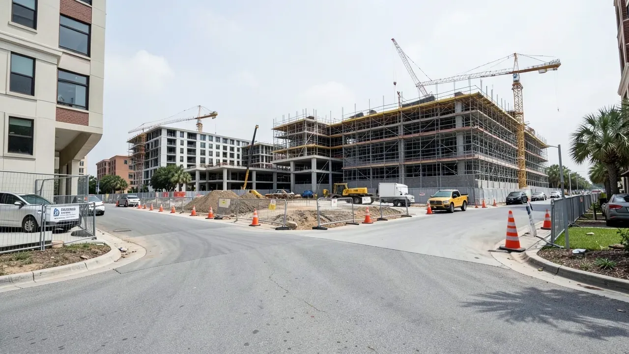 Organized Houston commercial construction entrance with delivery staging and protected site access