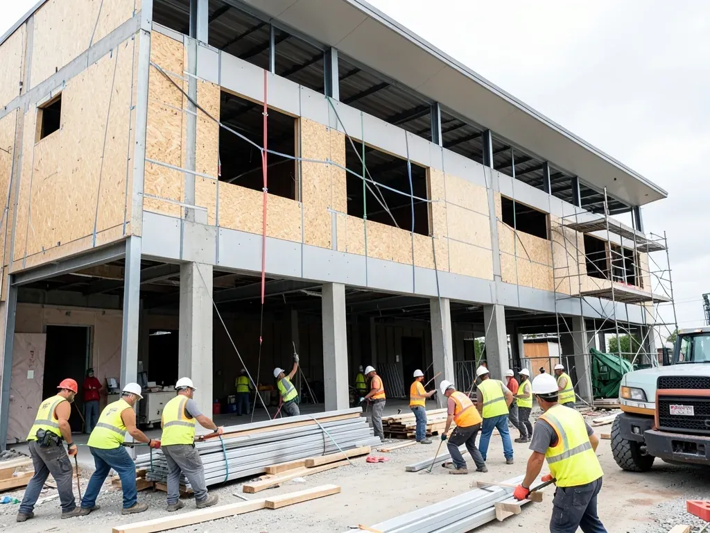 Crew securing temporary openings, stored materials, and mobile equipment at a partially enclosed commercial project