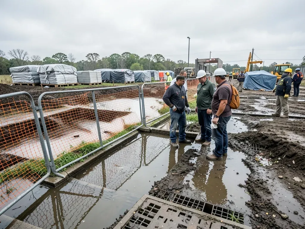 Project team performing a post-storm safety and condition assessment before crews return to a Houston-area jobsite