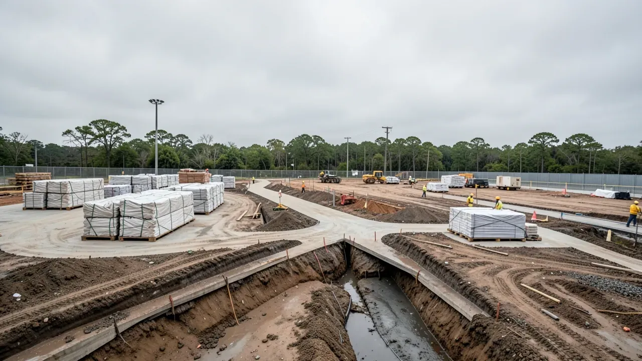 Greater Houston construction site prepared for tropical weather with secured materials and organized access