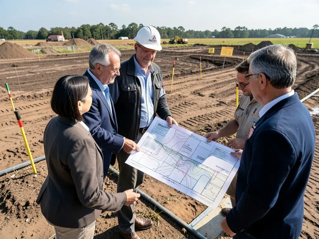 Owner, civil engineer, and superintendent reviewing disturbed-area boundaries and drainage paths on a Greater Houston site plan
