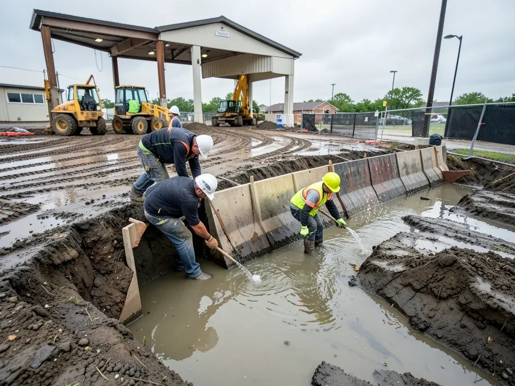 Field crew inspecting stabilized access, inlet protection, and perimeter sediment controls after rainfall on a Houston-area jobsite