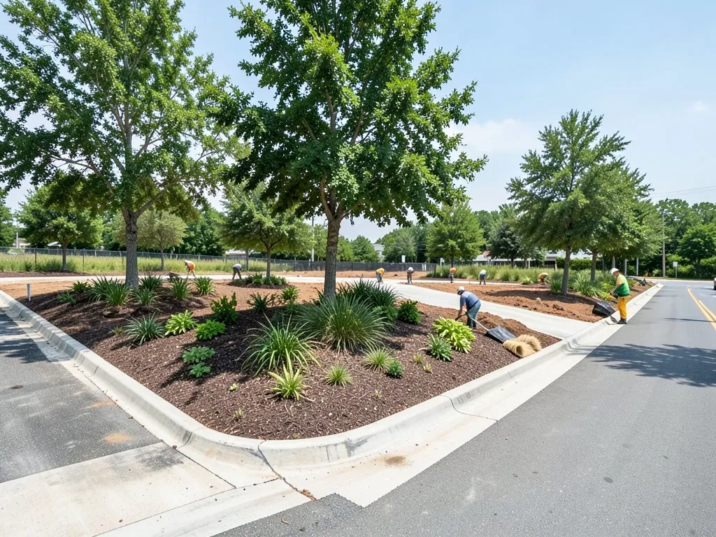 Completed commercial site with established landscaping, clean drainage features, and crews removing temporary erosion controls during final stabilization