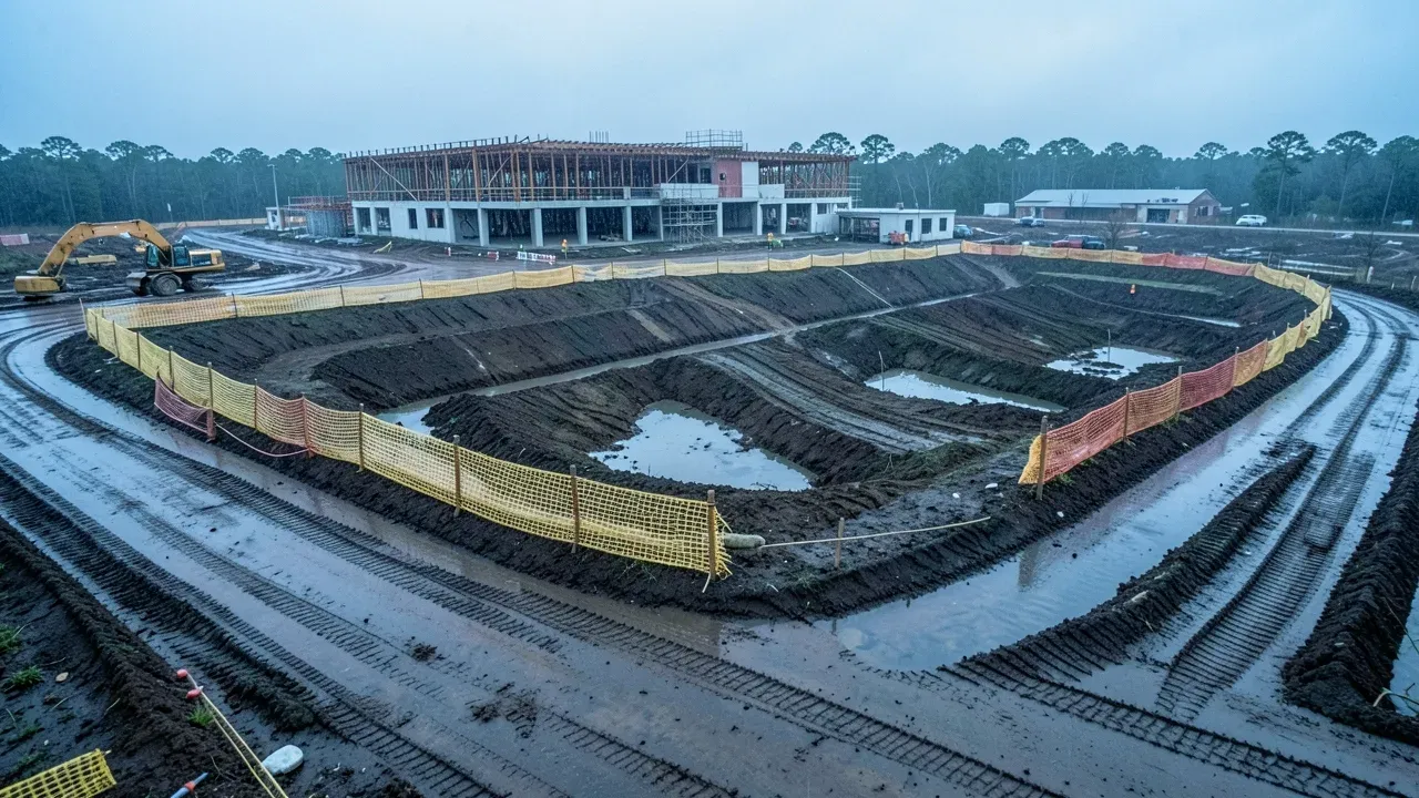 Greater Houston construction site with organized erosion controls, stabilized access, and protected stormwater inlets