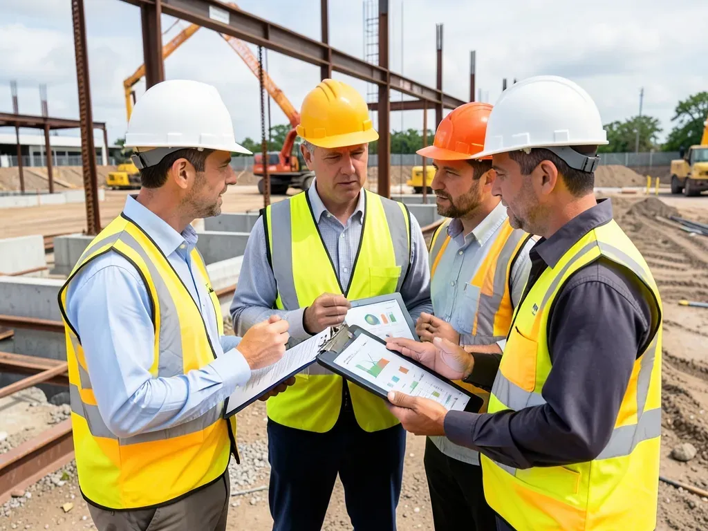 Project team comparing construction phasing options beside a site schedule and cost model during a field coordination meeting