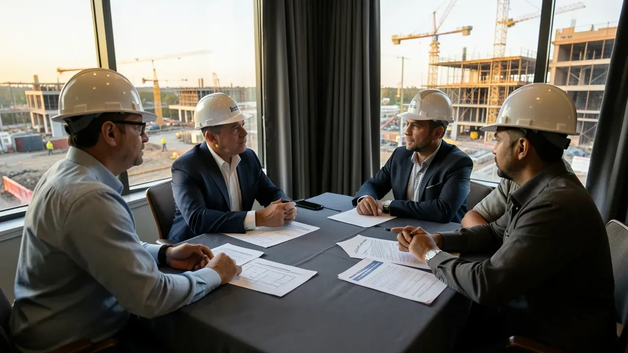 Houston project team reviewing financing assumptions and construction plans with an active commercial site in view