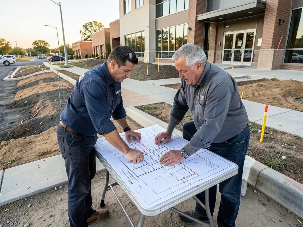 Architect and civil engineer tracing an accessible route from parking to a commercial entrance on coordinated Greater Houston site plans