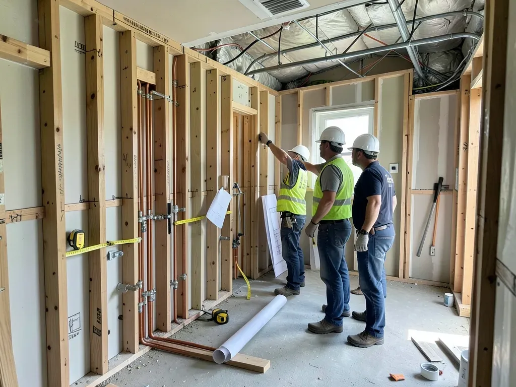 Superintendent and trade partners checking restroom wall layout, plumbing rough-ins, and accessory backing before finishes are installed