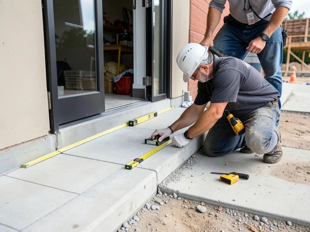 Field team measuring a commercial entrance transition and adjacent walking surface before final paving and storefront closeout