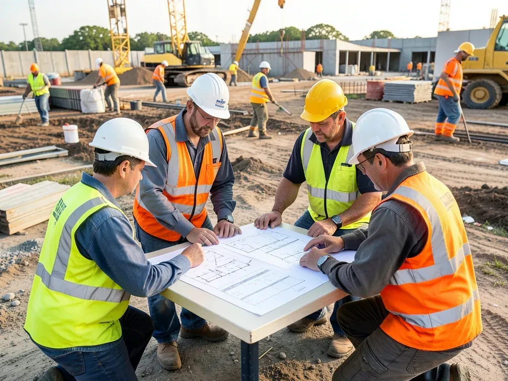 General contractor and trade leads reviewing crew sequencing and manpower assumptions during a morning coordination meeting on a Greater Houston jobsite