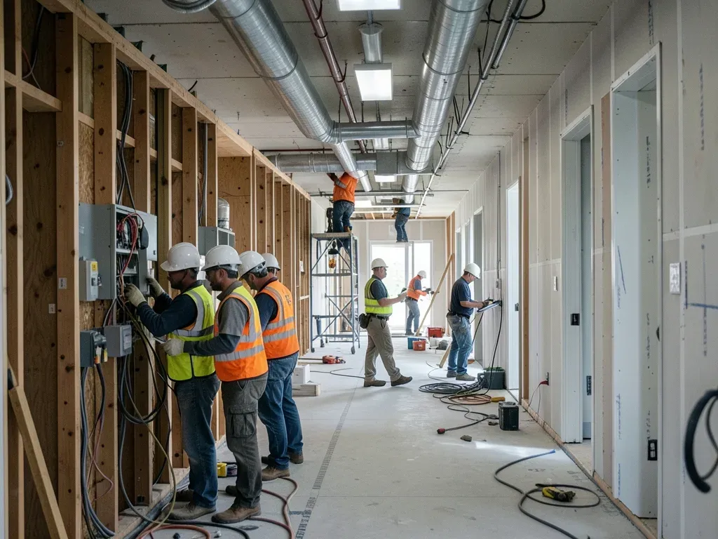 Multiple construction trades working in separate zones of a commercial project while a superintendent coordinates the active work fronts