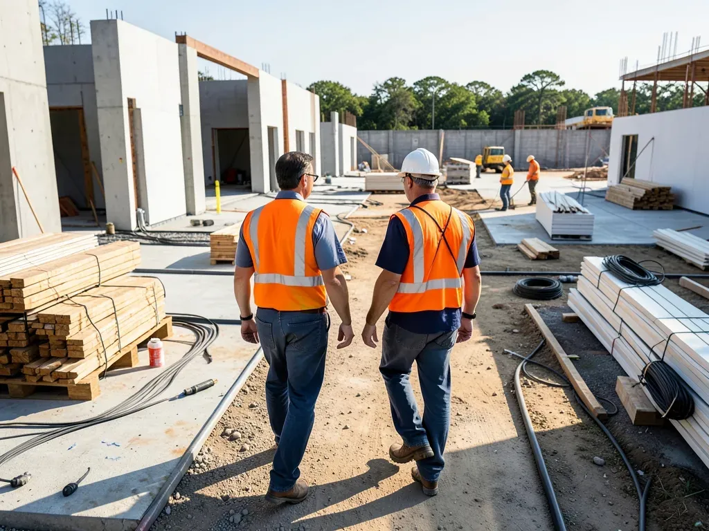 Superintendent and project manager walking an active Houston commercial site to verify readiness for the next trade before mobilization