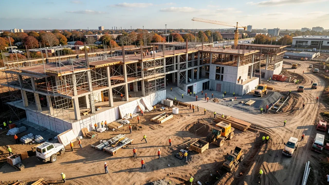 Active Greater Houston construction site with multiple trades working across different phases of the project