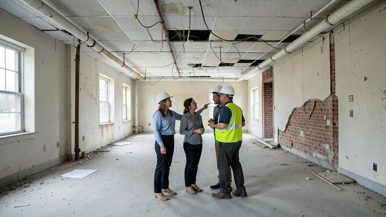 Environmental consultant and renovation team reviewing an older Houston commercial interior before selective demolition
