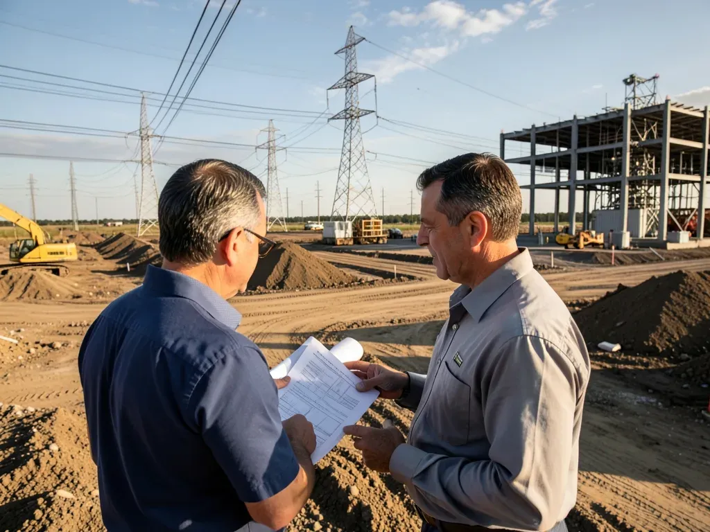 Data center developer and utility engineer reviewing project gates beside a Texas site with transmission infrastructure in the background