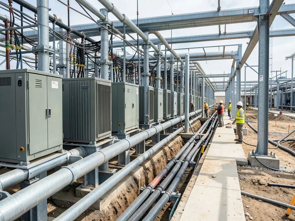 Utility substation equipment and underground electrical infrastructure under construction beside a large Texas data center site
