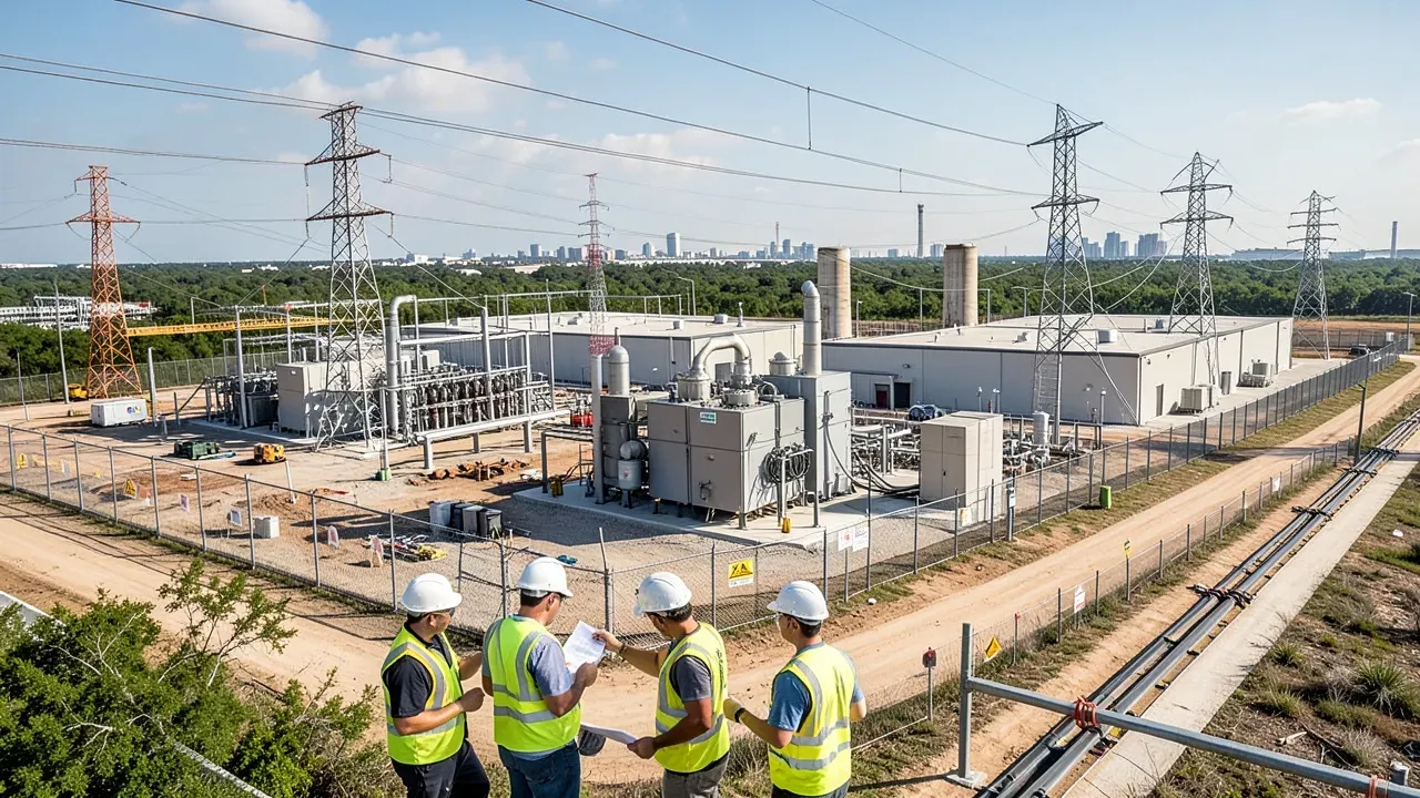 Large Texas data center development site with electrical infrastructure and cooling systems under coordinated planning