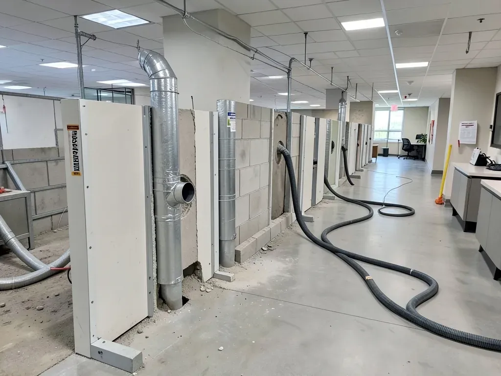 Temporary dust-control partitions and a localized extraction setup separating active masonry work from an occupied commercial corridor
