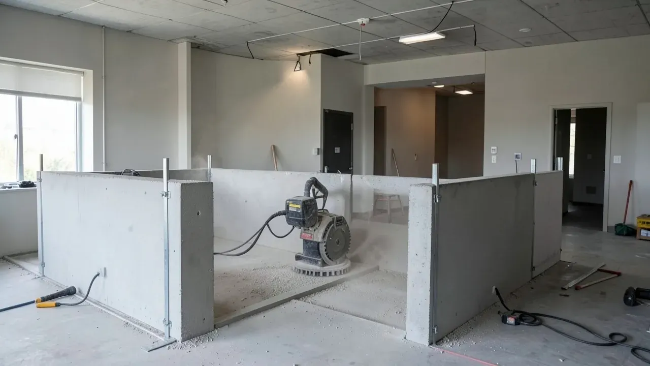 Houston commercial renovation interior with controlled concrete cutting and organized dust containment