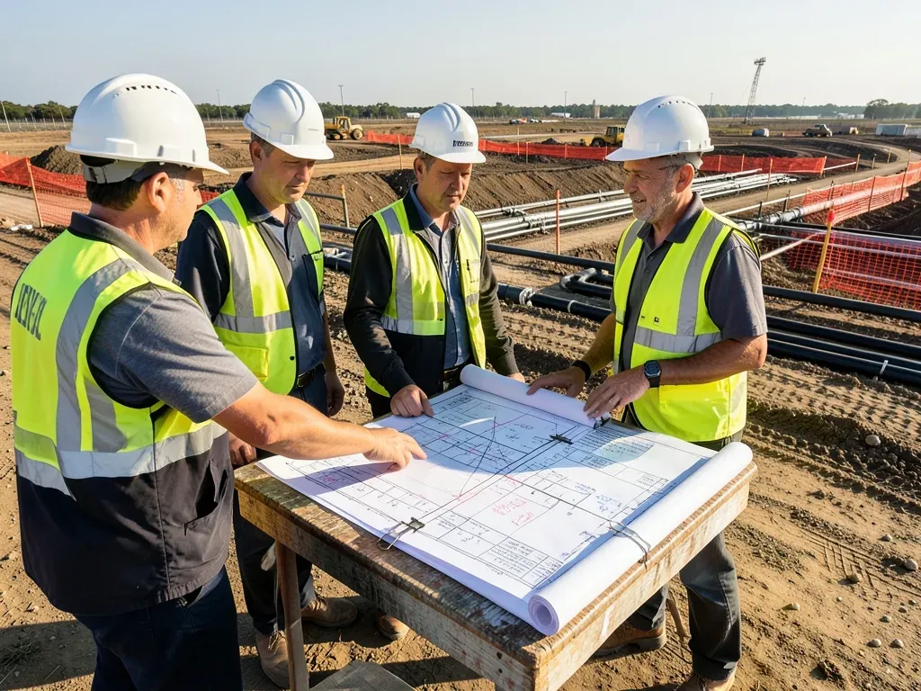 Developer, civil engineer, and utility representatives reviewing expansion corridors and service capacity on a large Generation Park-style site plan