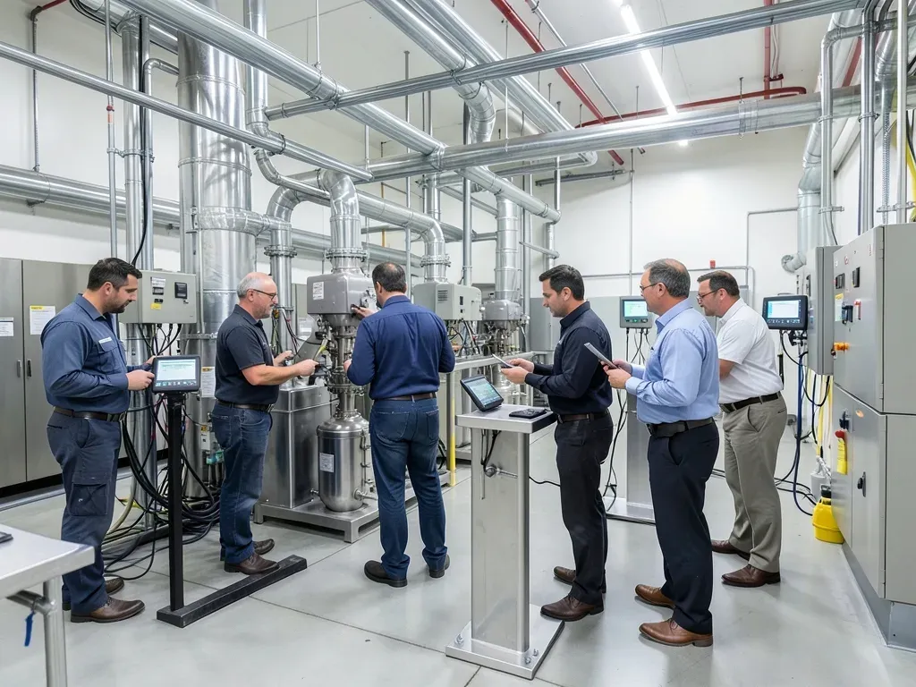 Commissioning technicians and project managers verifying building systems in a modern manufacturing mechanical room near project completion
