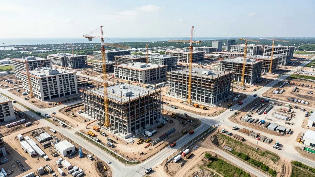 Large Houston-area advanced manufacturing campus under construction with utility and building work progressing together