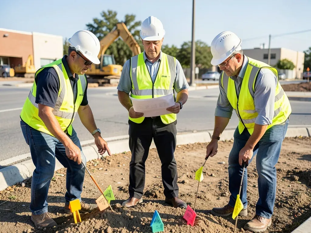 Project team reviewing underground utility routes, excavation limits, and nearby structures on a Greater Houston site before digging