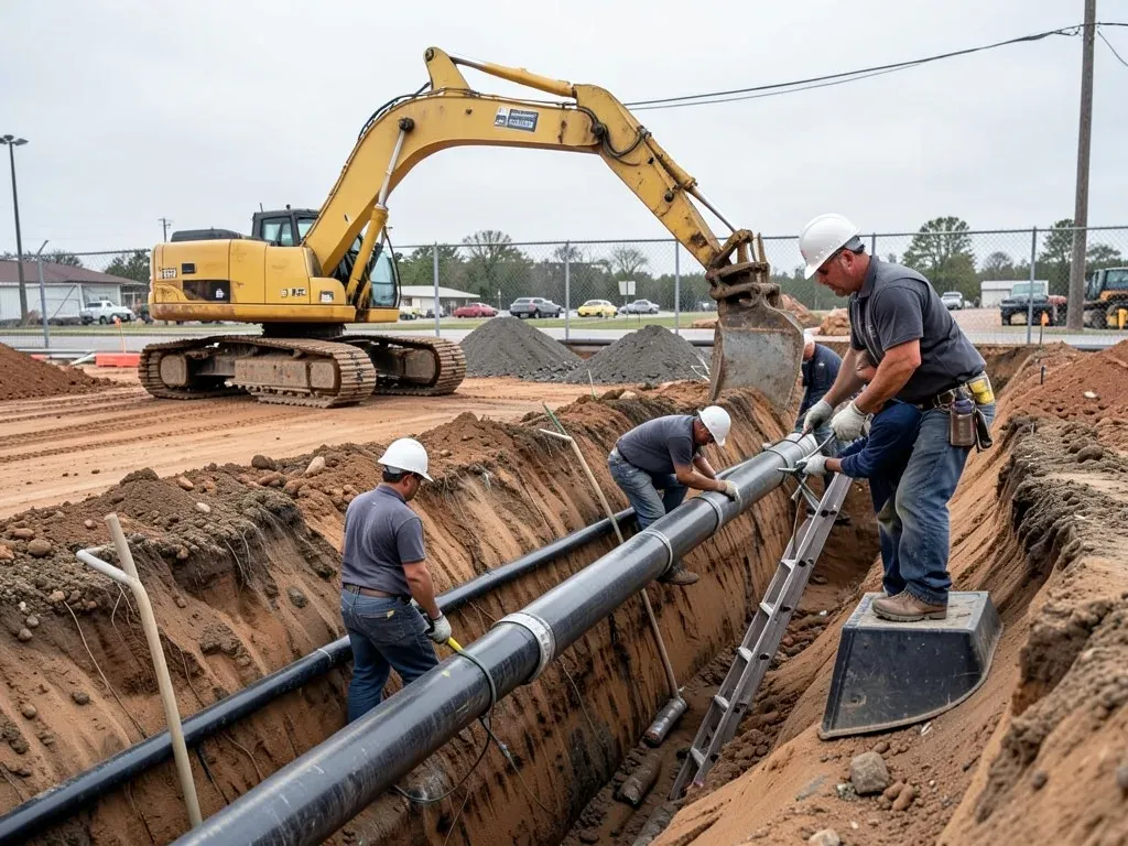 Utility crew installing pipe within a protected trench while an excavator and spoil area are arranged clear of the work zone
