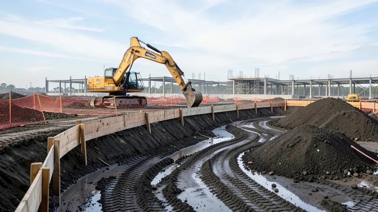 Greater Houston utility excavation with organized access, spoil placement, and protected trench work