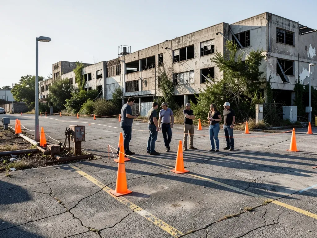 Redevelopment team reviewing demolition limits, existing utilities, and future warehouse footprints at a former North Houston retail property