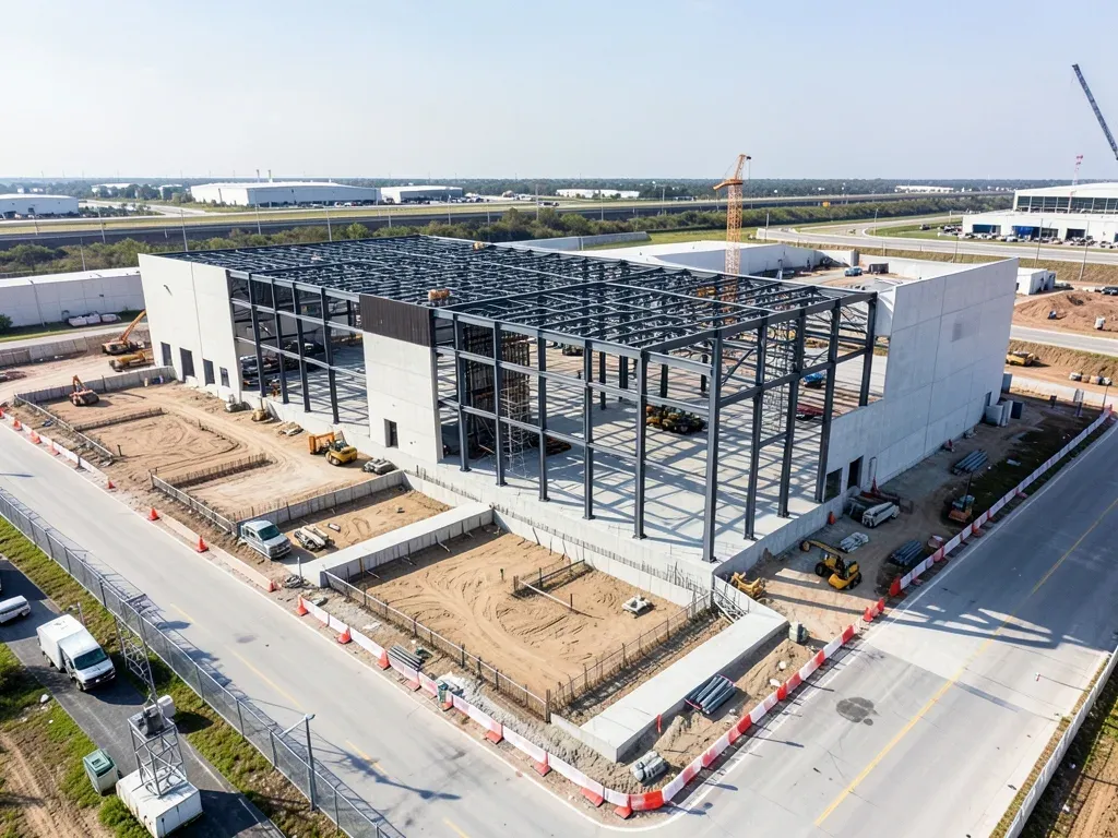 Modern cross-dock warehouse shell under construction near major North Houston highways with truck courts taking shape