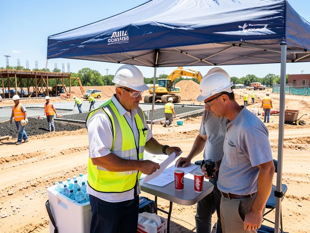 Superintendent reviewing hot-weather work priorities beside shade and hydration facilities on a Greater Houston construction site