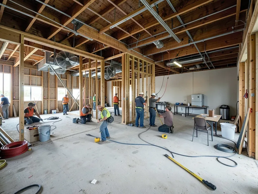 Interior trade workers in an unfinished Houston commercial building using temporary ventilation and a nearby recovery area during hot-weather work