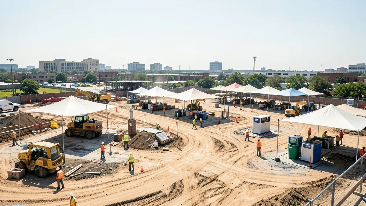 Greater Houston construction site organized for hot-weather work with shade, water, and active field operations