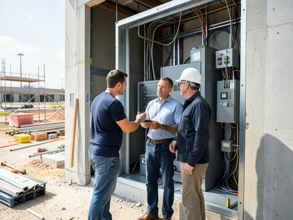 Developer and electrical engineer reviewing service equipment, transformer needs, and building load assumptions at a Houston commercial project