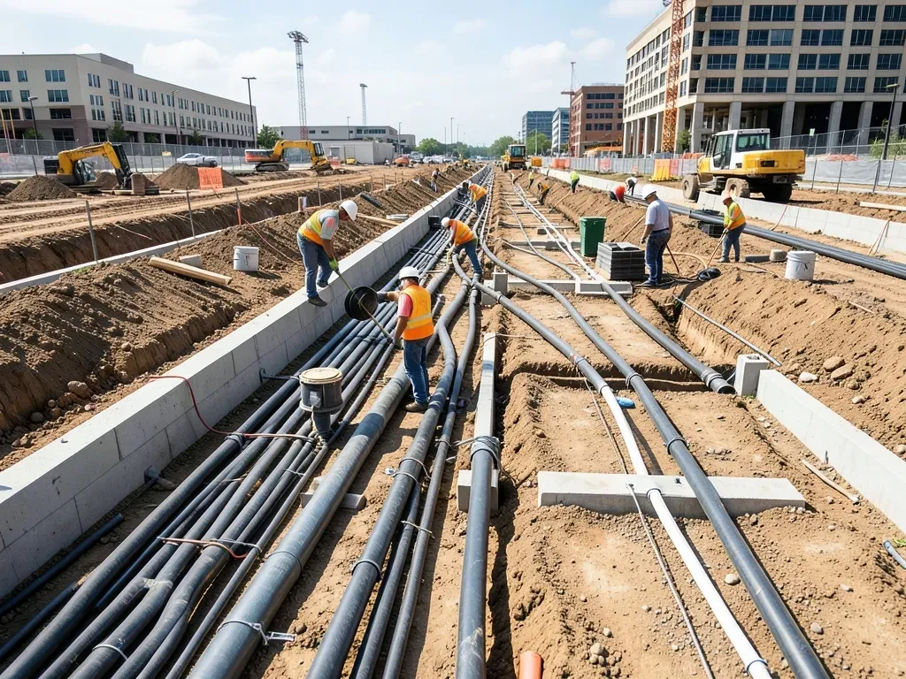 Commercial construction site with utility duct-bank work, service equipment pads, and temporary power coordinated for phased energization