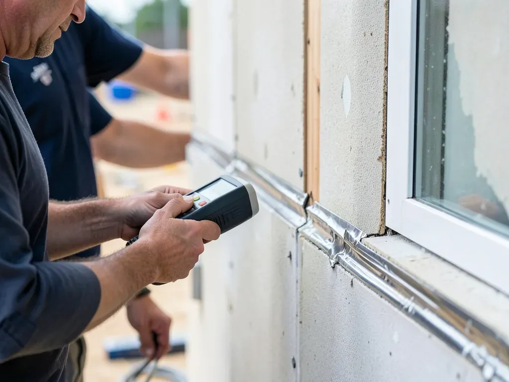 Building enclosure team checking a wall transition and moisture conditions at a Greater Houston construction site