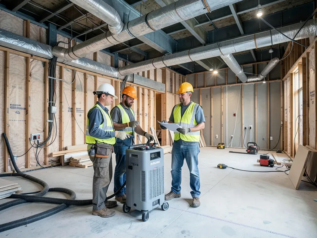 Temporary dehumidification equipment operating in a partially finished commercial interior while crews coordinate enclosure and MEP work