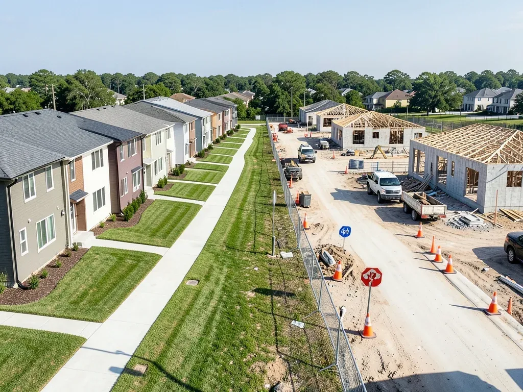 Completed rental homes beside an active later construction phase with separated resident access and ongoing site work in Greater Houston