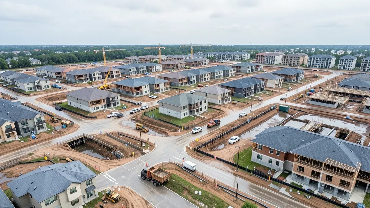 Greater Houston build-to-rent community under construction with phased streets, homes, and site infrastructure