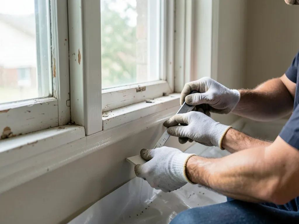 Worker preparing a protected interior work zone in an older Houston-area residence before painted surfaces are disturbed