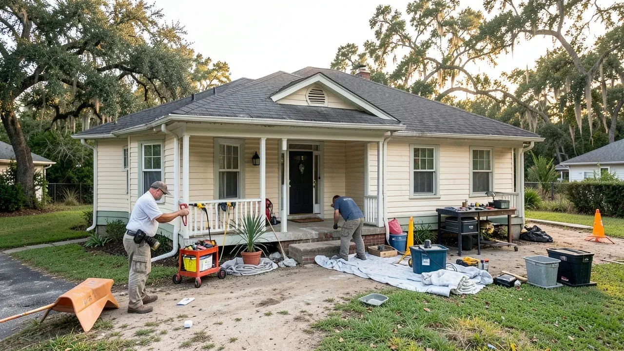 Editorial view of an older Houston-area residence prepared for a careful lead-safe renovation