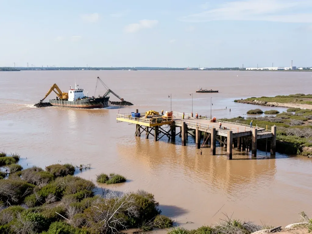 Wide marine construction scene with dredging equipment and early wharf work in a Gulf Coast industrial waterway