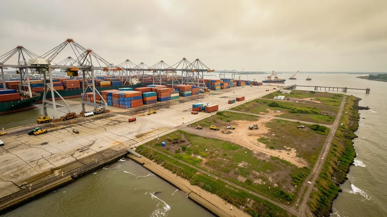 Editorial aerial view of a Gulf Coast container terminal expansion concept near the Houston Ship Channel