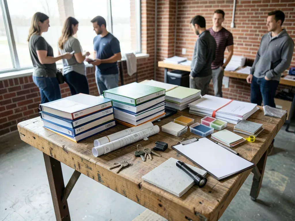 Project team reviewing a structured closeout register and physical turnover materials inside a nearly finished commercial space