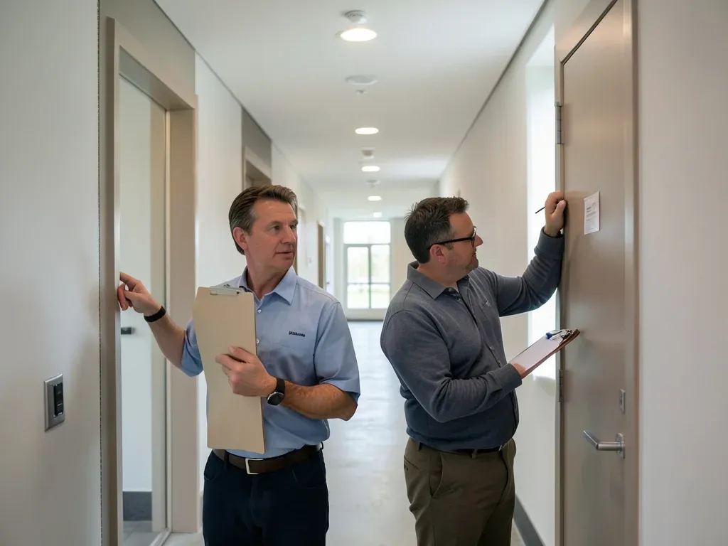 Field-level closeout inspection in a finished corridor where a project team verifies punch-list corrections without posed presentation