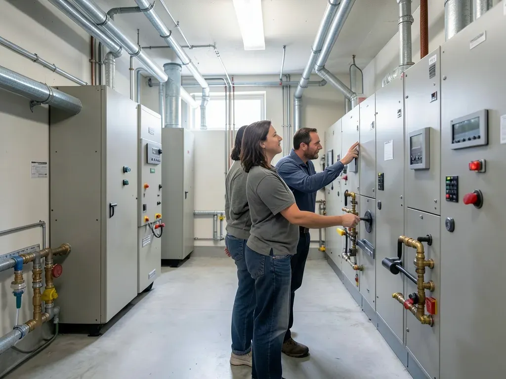 Facilities staff receiving hands-on equipment turnover instruction in a completed mechanical room on a Greater Houston project