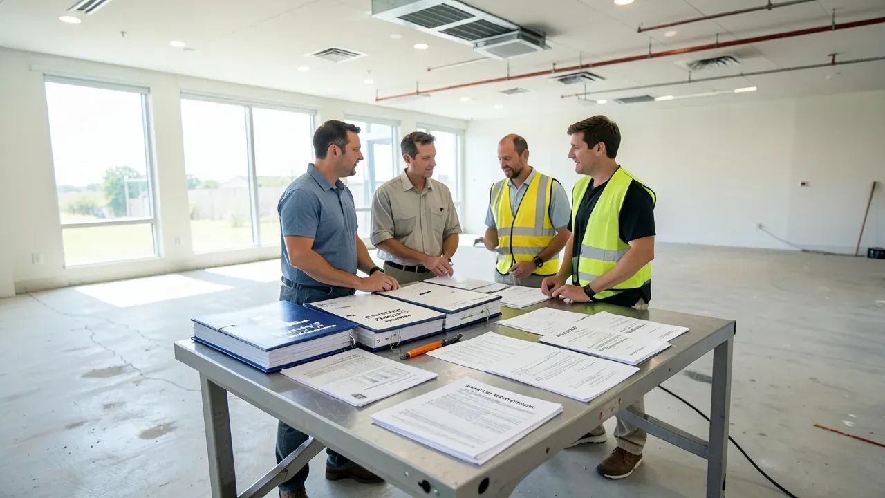 Construction team reviewing organized closeout materials in a finished Greater Houston commercial interior