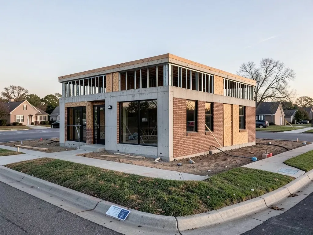 Broad view of a suburban Greater Houston healthcare campus with a compact new rehabilitation facility under construction